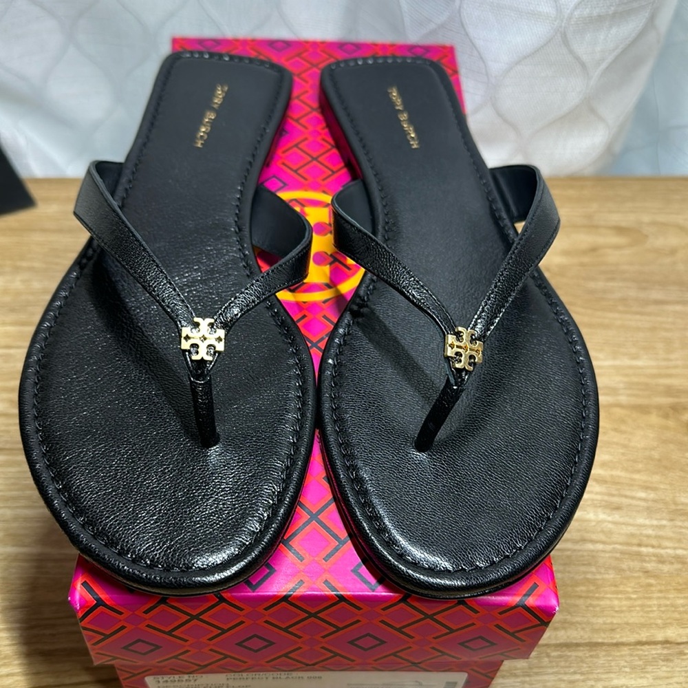 Tory Burch Black Thong Sandals with Gold Logo
